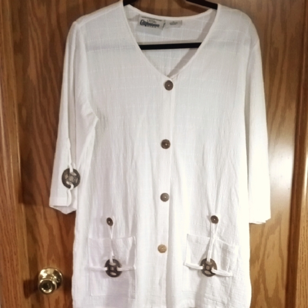 White Button-Up Women's Top. Cottonseed Cotton Wear, Lagenlook,Beachy, Granny Co